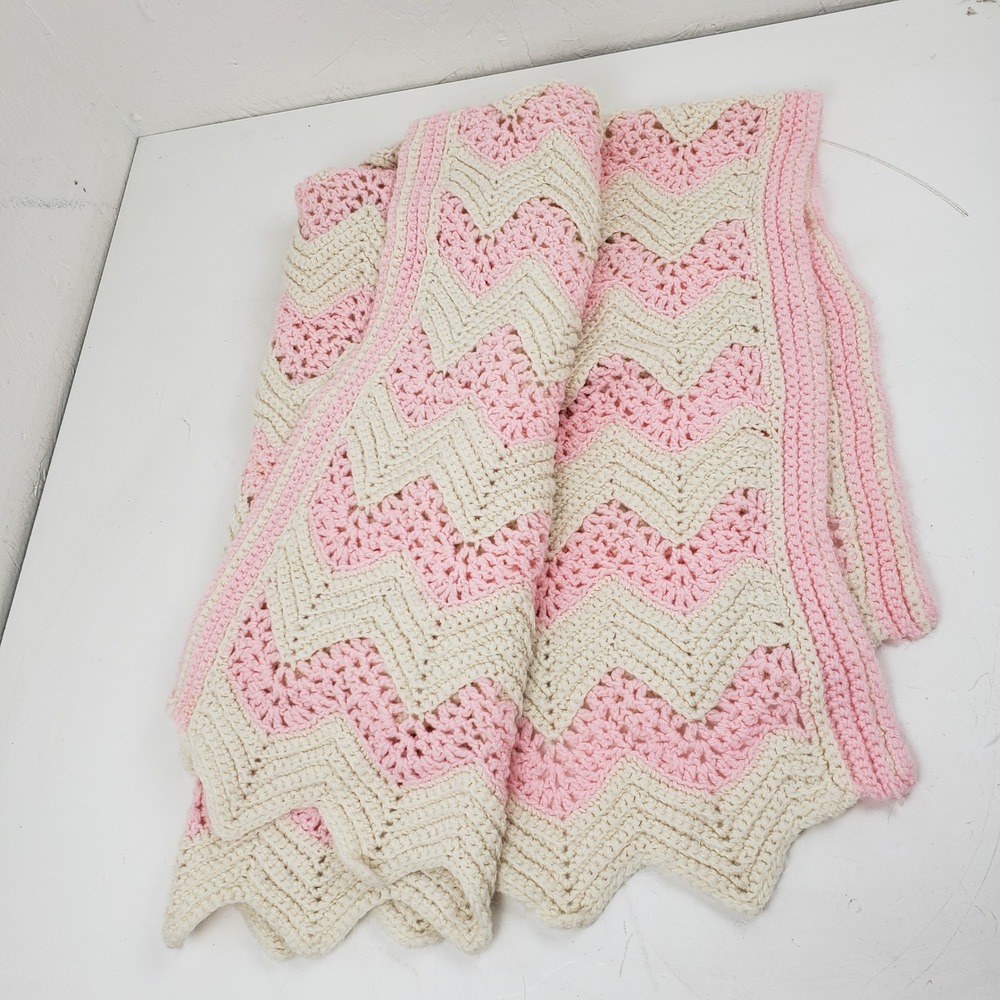 Handmade Crochet Baby Blanket Pink Cream Chevron Ripple Stitch Nursery Throw